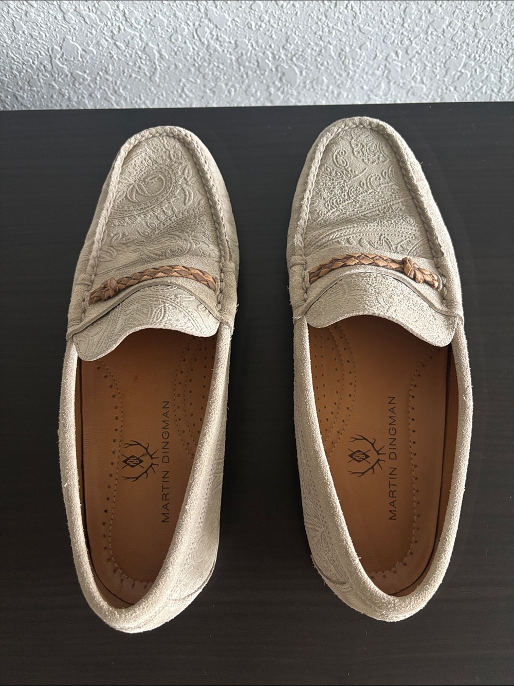 Martin Dingman Tan Suede Paisley Embossed Loafers with Braided Accent
